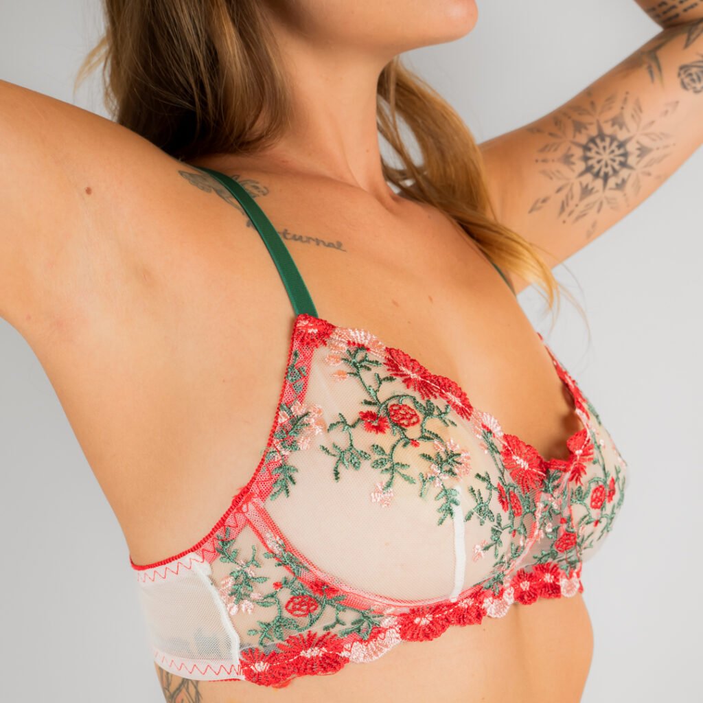 סט הלבשה תחתונה של מותג ההלבשה התחתונה של דנה טנא, הסט בצבעי אדום ורוד וירוק עם רקמת פרחים ועלים מושקעת בסגנון כריסמס. החזיה רכה ונוחה והתחתון בגזרת חוטיני סקסי. פוקוס חזיה